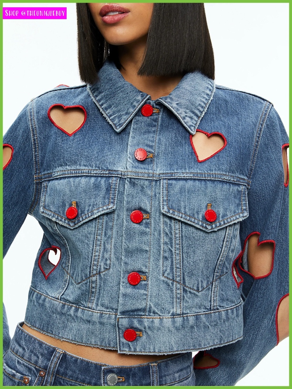 Alice + Olivia Jeff Heart Embroidered Cropped Denim Jacket